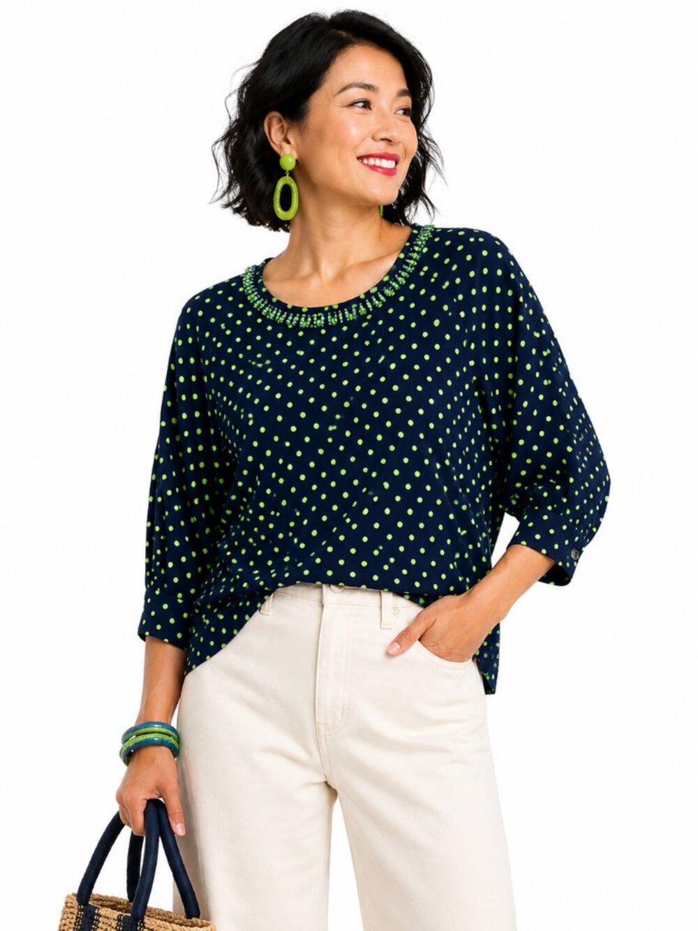 Philosophy Studio Navy & Lime Green Polka Dot Beaded Blouse Size M
